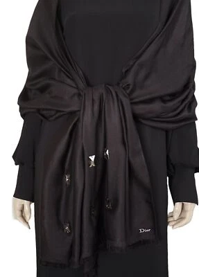 CHRISTIAN DIOR 90x24 Estrás Adornado Negro Flecos Seda Chal Envolvente Bufanda Foto 1 de 4