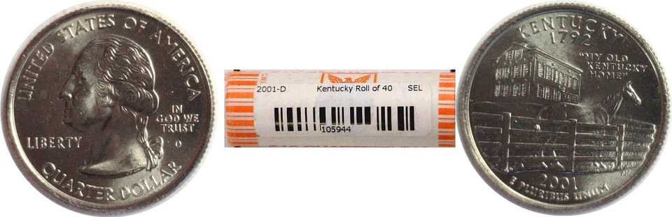 2001 D Kentucky $10 Dollar Face Statehood Quarter Original Bank Wrap Roll - Image 1 of 1