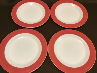 Vintage Set Of 4 Pyrex Milk Glass Coral/Flamingo Pink Rim 10" Dinner Plates - Image 1 of 4