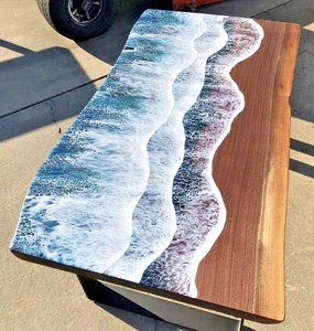 Resin Art Ocean Hallway Decor Epoxy Resin Walnut Wood Table Top Custom Order - Picture 1 of 5