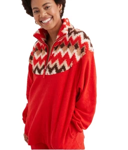 Aerie Hometown Holiday Quarter Zip Sweatshirt Red Sherpa Tribal XXL NWT - Picture 1 of 9