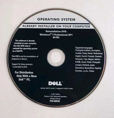 Microsoft Windows 7 Professional SP1 64 Bit DELL Reinstallation DVD Disk - Image 1 of 3