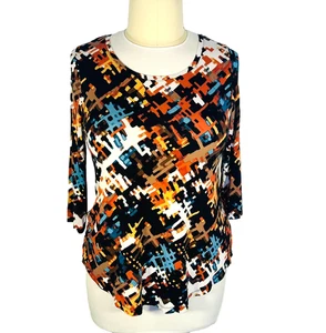 JM Collection Tunic Top Women's M Geometric Abstract Earthtones 3/4 Sleeve Scoop - Picture 1 of 11
