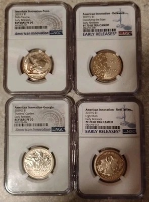 2019 S AMERICAN INNOVATION 4 Coin SET NGC REVERSE PF70 Early Release NJ GA PA DE - Image 1 of 4