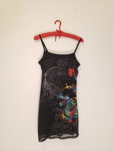Ed Hardy Sz M Mesh Black Dragon Tattoo print Mini Dress Bodycon - Picture 1 of 9