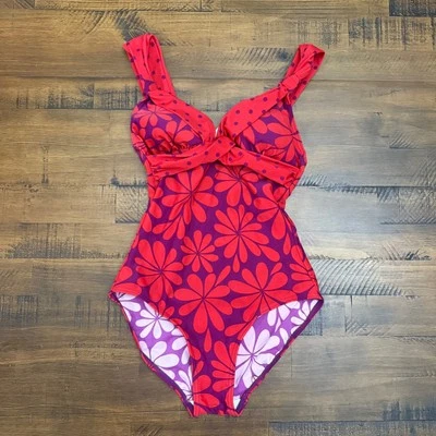 Traje de baño Boden estampado floral de una pieza fruncido torcido delantero rojo y púrpura EE. UU. 2 Foto 1 de 4