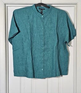 Eileen Fisher Organic Linen Mandarin Collar Short Sleeve Shirt Size Medium Jade - Picture 1 of 5