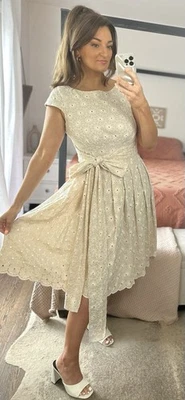 Vestido midi Jones New York talla 12 100 % algodón beige bordado línea A lazo Foto 1 de 4