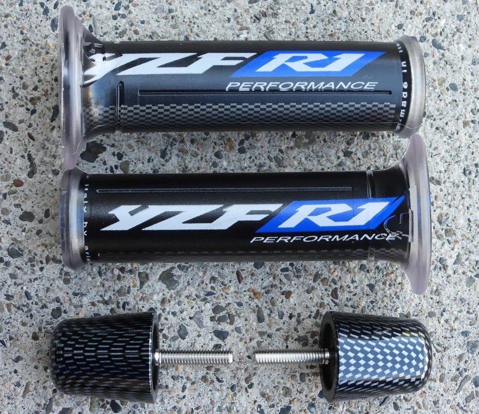 Yamaha YZF R1 BLUE GEL LOGO HAND GRIPS with CARBON BAR ENDS - Image 1 of 1