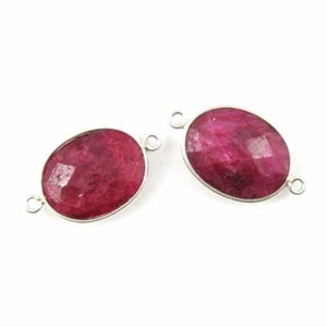 Bezel Gem Links - Sterling Silver - Faceted Oval Shape - Dyed Ruby (2 Pcs) - Picture 1 of 2