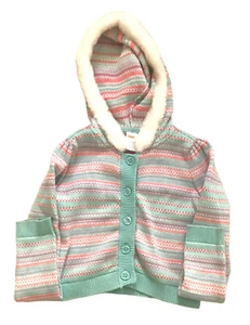 Gymboree Size 8 Girls Striped Hooded Button Up Sweater Fur Lined Jacket - Picture 1 of 5