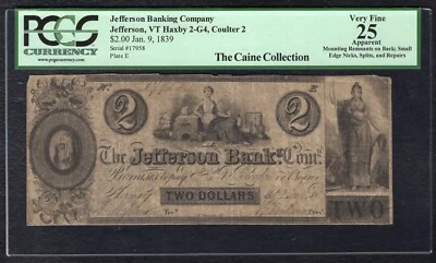 1839 $2 THE JEFFERSON BANKING COMPANY VERMONT OBSOLETE NOTE PCGS VERY FINE-25 - Image 1 of 2