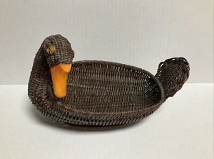 VTG MCM Wicker Duck Goose Swan Bowl Basket Planter Boho Farmhouse Granny Decor - Imagen 1 de 7