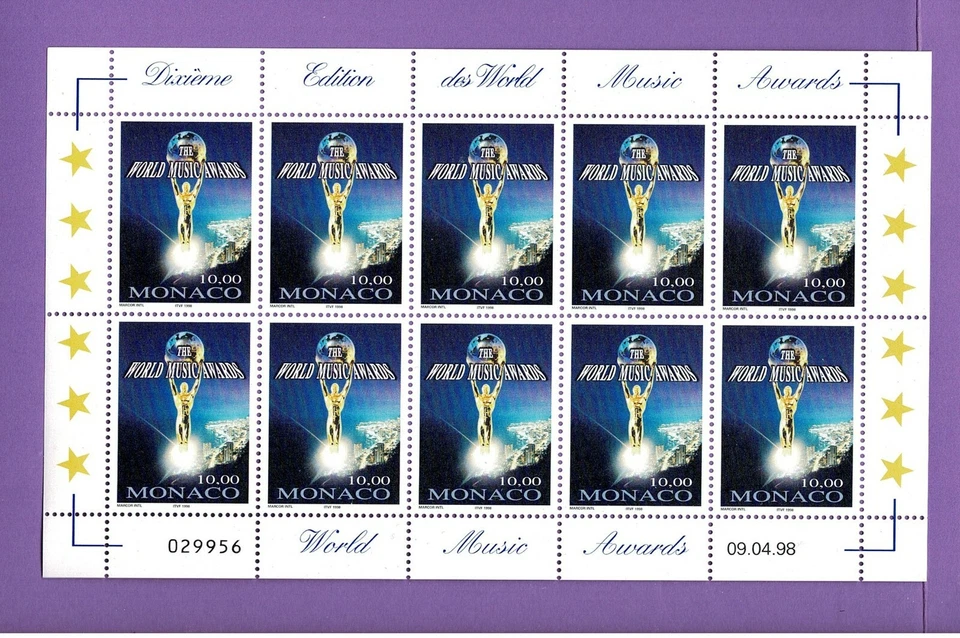 MÓNACO YVERT # 2158 " PREMIOS DE LA MÚSICA MUNDIAL 10F HOJA DE 10 SELLOS " MNH VVF A80 Foto 1 de 1