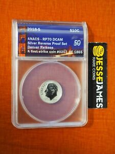 2018 S 10C REVERSE PROOF SILVER DIME ANACS RP70 DCAM FIRST STRIKE LABEL