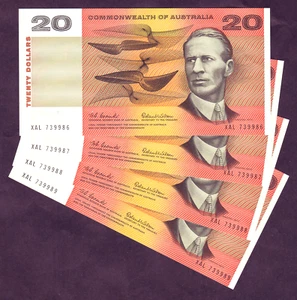 Australia R-401. (1966) Coombs/Wilson - 20 Dollars. aU-UNC - CONSEC Run of 4 - Picture 1 of 2