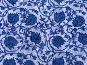 Indian Blue and White Floral Hand Block Print Cotton Fabric (by the yard) - Picture 1 of 3