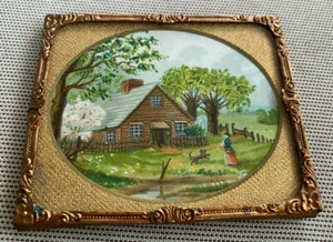 Antique Painting Frame Brass Copper Miniature Home Fence Woman Dog House HELP? - Picture 1 of 5