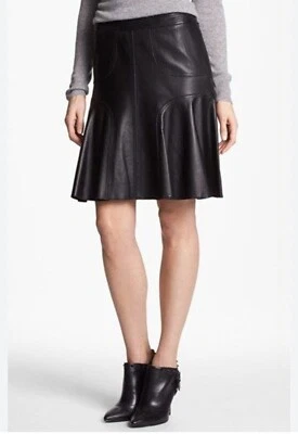 Falda halógena de cuero de piel de cordero negra línea A con lindas costuras talla 8 Foto 1 de 4