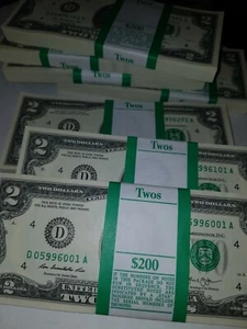 100 CRISP UNCIRCULATED USA $2 TWO DOLLAR BILL NOTE SEQUENTIAL ORDER NEW RARE!!! - Picture 1 of 2