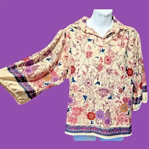VINTAGE 70s polyester oversized hippie top earthy paisley floral blouse boho 2B - Picture 1 of 12