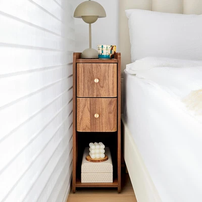 Mesa Estrecha Dormitorio, Mesita de Noche Pequeña de Madera con 2 Cajones, Sofá Delgado Extremo Lateral  Foto 1 de 4