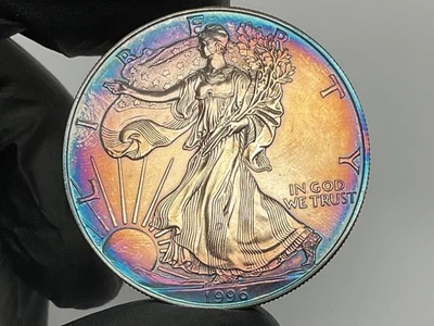 1996 American Silver Eagle 1oz MONSTER Bullseye 🎯 🌈 Toning Toned Toner Rainbow - Image 1 of 4