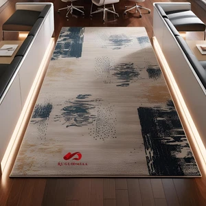 Modern Abstract Wool Rug 9x12 | Handmade Beige Navy Carpet | Office Home Decor - Picture 1 of 3