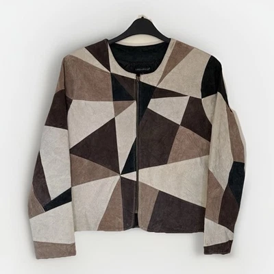 Chaqueta de cuero Karen Arnold vintage, grande, patrón de retazos, crema/marrón ✔️I Foto 1 de 4
