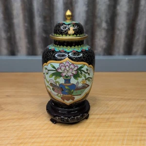 Cloisonne Ginger Jar w/ Lid & Wooden Stand Vase Urn Container Floral 6.5" - Picture 1 of 22