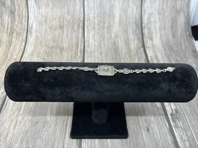 Brazalete Art Deco de plata esterlina alcanfor vidrio esmerilado filigrana eslabones 6,5" de colección Foto 1 de 4