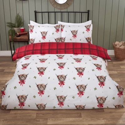 RAPPORT Fegus Highland Cow Christmas So Soft Reversible Duvet Quilt Cover Bedding Set