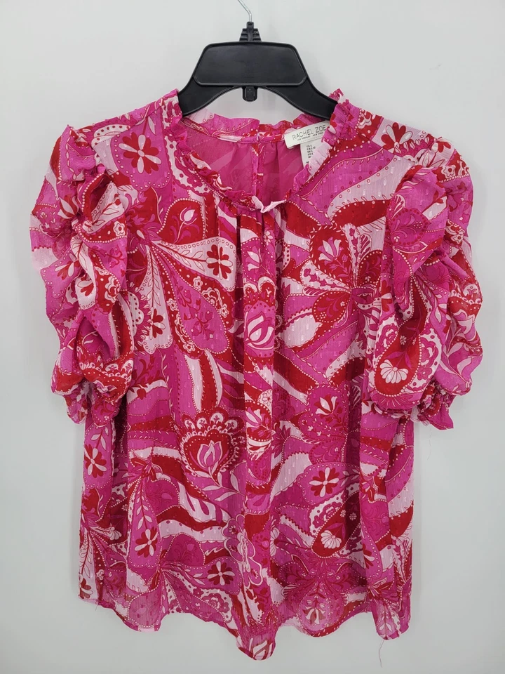 Top Rachel Zoe para mujer grande rosa artístico floral cachemira manga acanalada popover Foto 1 de 4