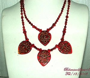 ANTIQUE ART NOUVEAU EGYPTIAN REVIVAL RED ARABIC PRAY CZECH GLASS BEADED NECKLACE - Picture 1 of 2