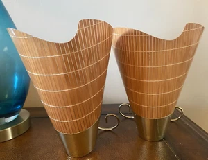 MCM Retro Bamboo Look Cone SET OF 2 Atomic Wall Sconce or Desk Lights Lamps - Picture 1 of 18