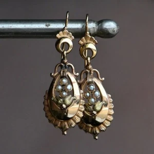 Antique vintage gold plated earrings with faux pearls made of cubic zirconia in - Picture 1 of 4