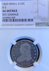 1820 B-5 Capped Bust Quarter 25c NGC AG details rev scratch VERY RARE variety! - Picture 1 of 5