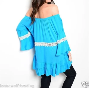 Ladies Off the Shoulder Blue/Ivory Crochet Lace Top-RT-7 CN228296 - Picture 1 of 2