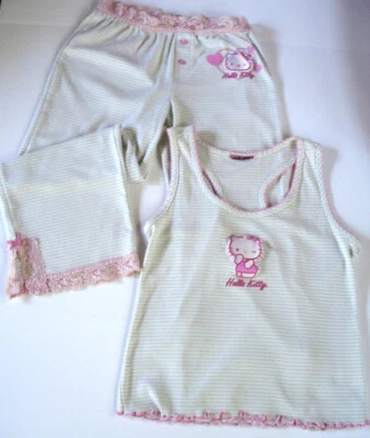 Pijama Hello Kitty vintage 2 piezas a rayas con encaje rosa talla pequeña Foto 1 de 4