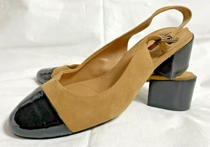 Tahari Express Slingback Block Heels Size 6 Beige Leather Black Patent Cap Toe - Picture 1 of 9