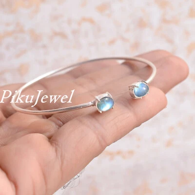 Blue Fire Labradorite Gemstone 925 Sterling Silver Unisex Bangle Cuff Jewelry - Image 1 of 4