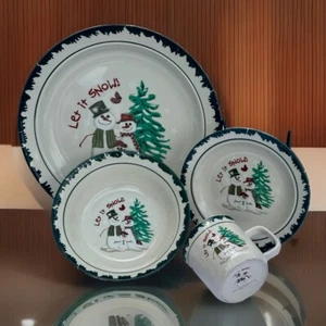 Atico Let It Snow Christmas Snowman Dinner Side Plates Bowl Mug 4 Pc Setting Set - Picture 1 of 10