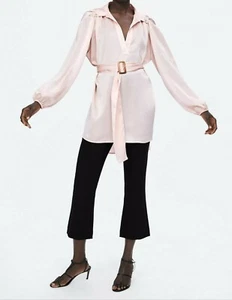 ***ZARA Satin Soft Elegant pastel Pink Blouse Shirt with Belt BNWT S size BNWT - Imagen 1 de 11