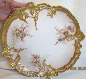 ANTIQUE~LEONARD VIENNA AUSTRIA~HEAVY GOLD GILDED WITH FLORAL DESIGN~LRG PLATTER~ - Picture 1 of 15