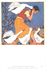 c.1920 unsgd. Tarjeta postal niña con gansos Escuela de Arte de Viena de Cizek - Imagen 1 de 2