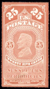 US PR3 25c Newspaper 1865 Abraham Lincoln OG H PSAG cert F-VF unused NGAI - Picture 1 of 3