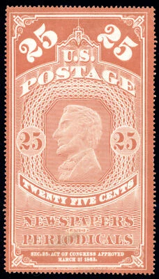 US PR3 25c Newspaper 1865 Abraham Lincoln OG H PSAG cert F-VF unused NGAI - Image 1 of 3