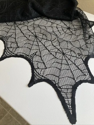 Halloween Black Spider Web Lace Tablecloth Approx. 60" x90" Scalloped edges. NEW - Image 1 of 3