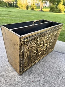 Vintage Embossed Brass & Wood Magazine Holder 16.5x11x8.5” - Made in England - Picture 1 of 12