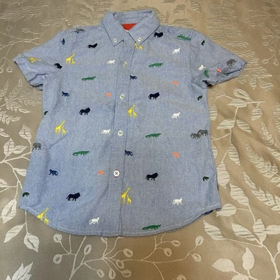 Camisa Boden Niños 9-10 Años Azul Bordada Animales de Zoo Manga Corta Con Botones Foto 1 de 4